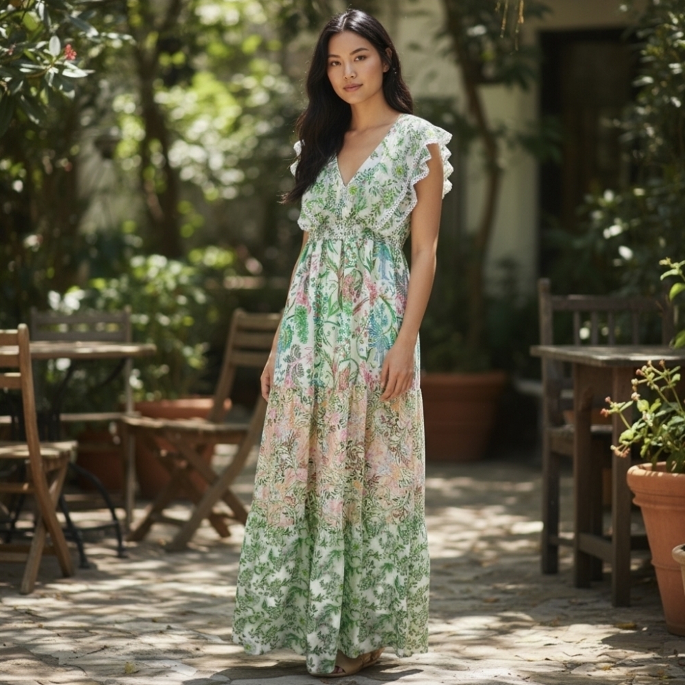 House of Harlow 1960 Green Pink Tiered Smocked Floral Maxi Dress Womens Small